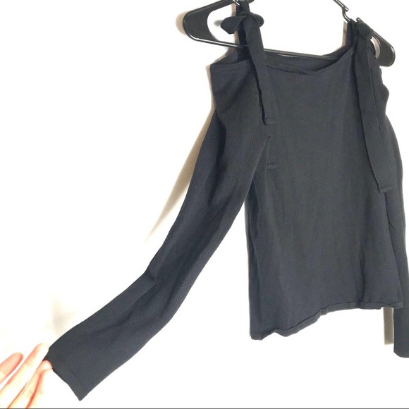 Tie Cold off Shoulder Long Sleeve Top Tee Black - Picture 5 of 5